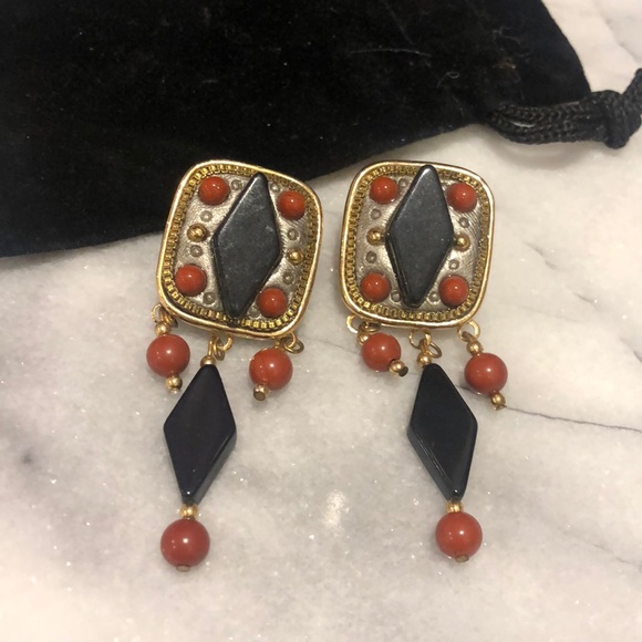 Vintage Michael Golan Onyx & Carnelian Earrings,NWT-Boutuque - Picture 1 of 11
